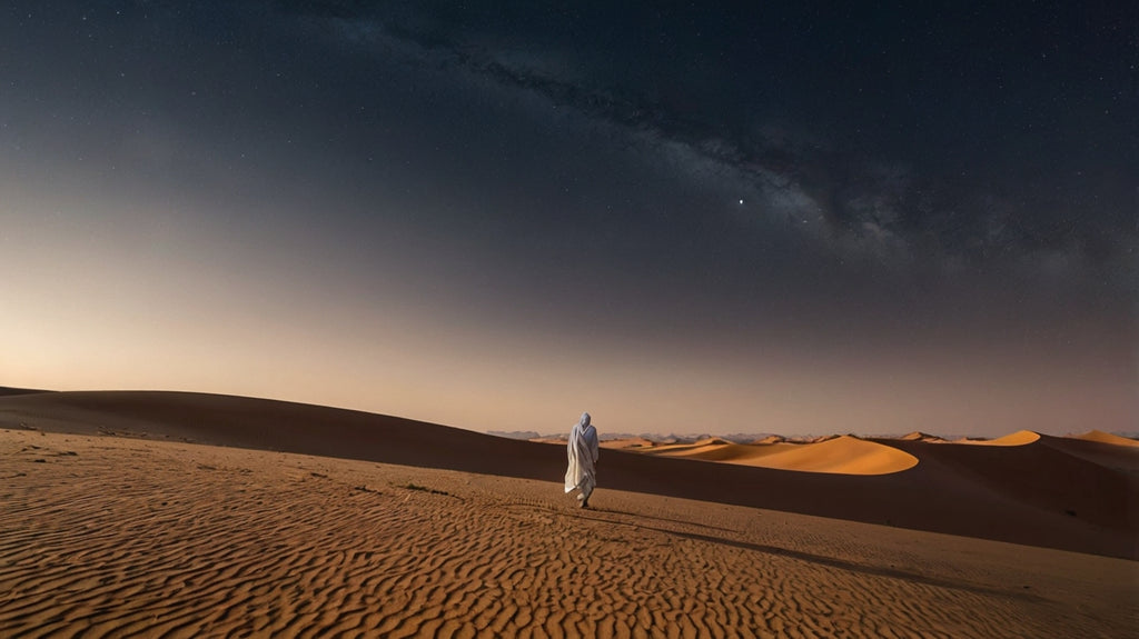 Lone Wanderer Under Crescent Moon Desert