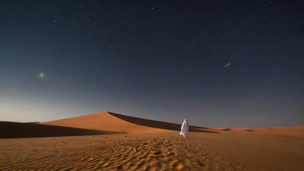 Lone Wanderer Under Crescent Moon Desert