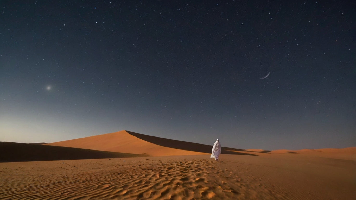 Lone Wanderer Under Crescent Moon Desert