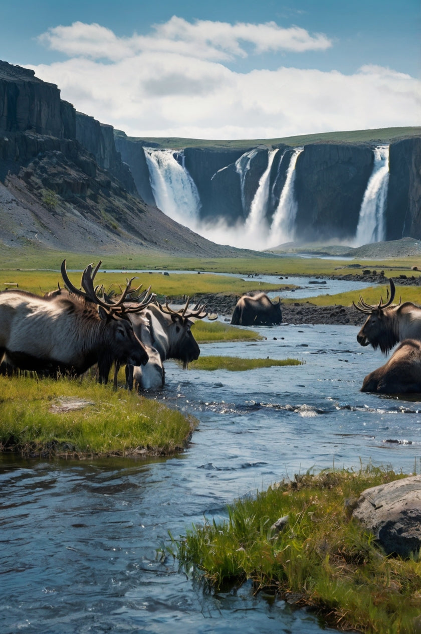 Reindeer Near Waterfall and Green Valley My Store