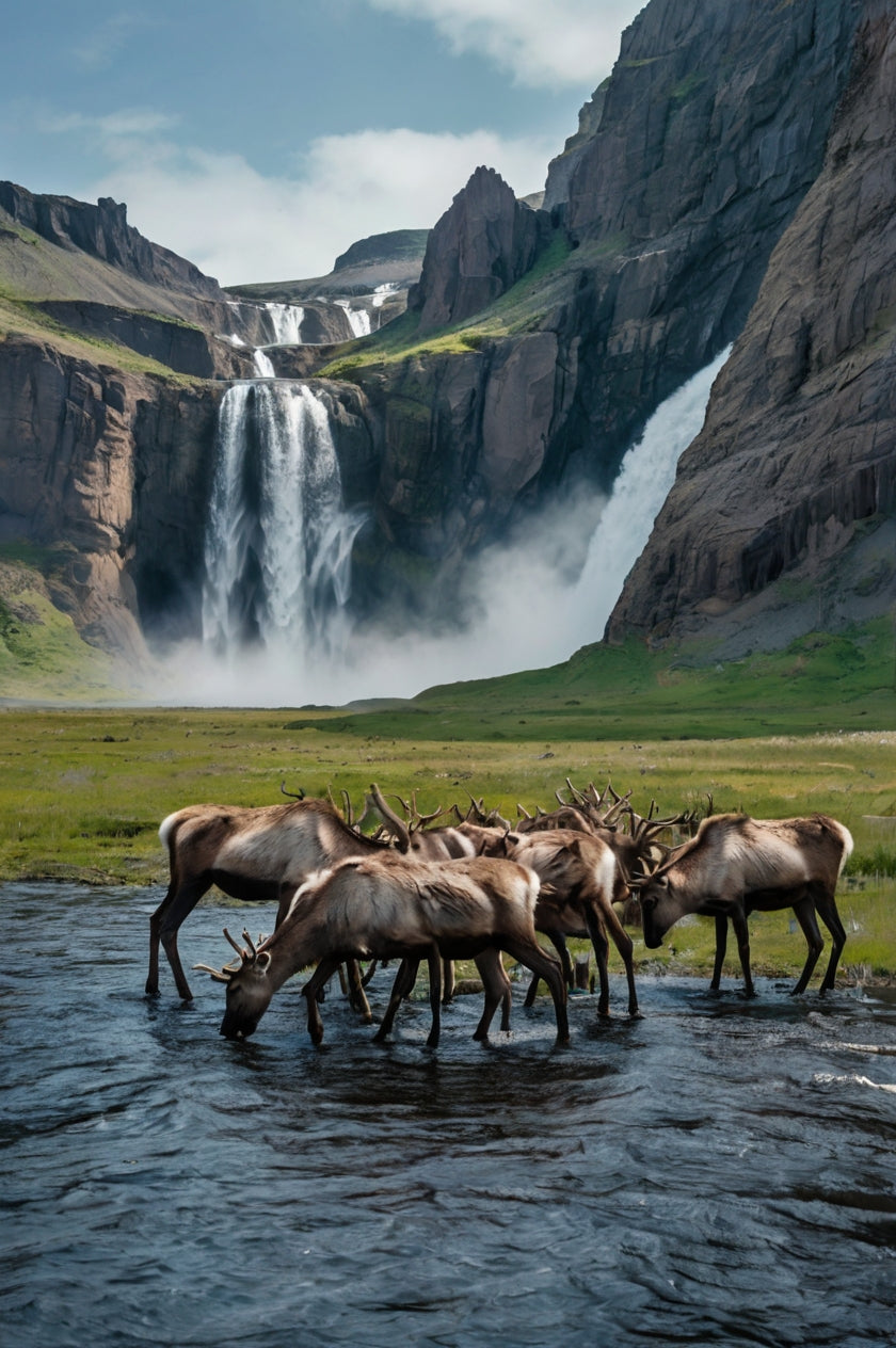Reindeer Near Waterfall and Green Valley My Store