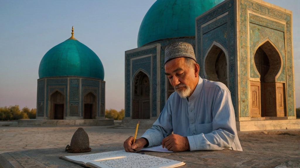 Elderly Islamic Scholar Writing Calligraphy Before Turquoise-Domed Mausoleum at Dusk
