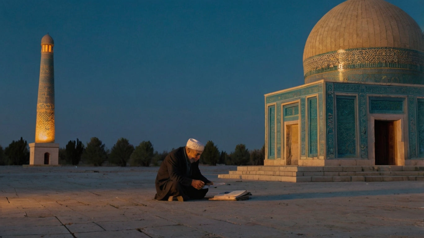 Elderly Islamic Scholar Writing Calligraphy Before Turquoise-Domed Mausoleum at Dusk