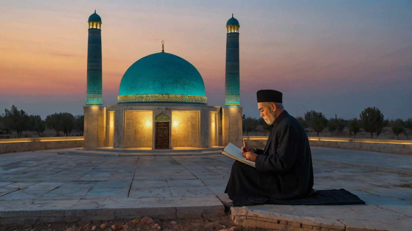 Elderly Islamic Scholar Writing Calligraphy Before Turquoise-Domed Mausoleum at Dusk
