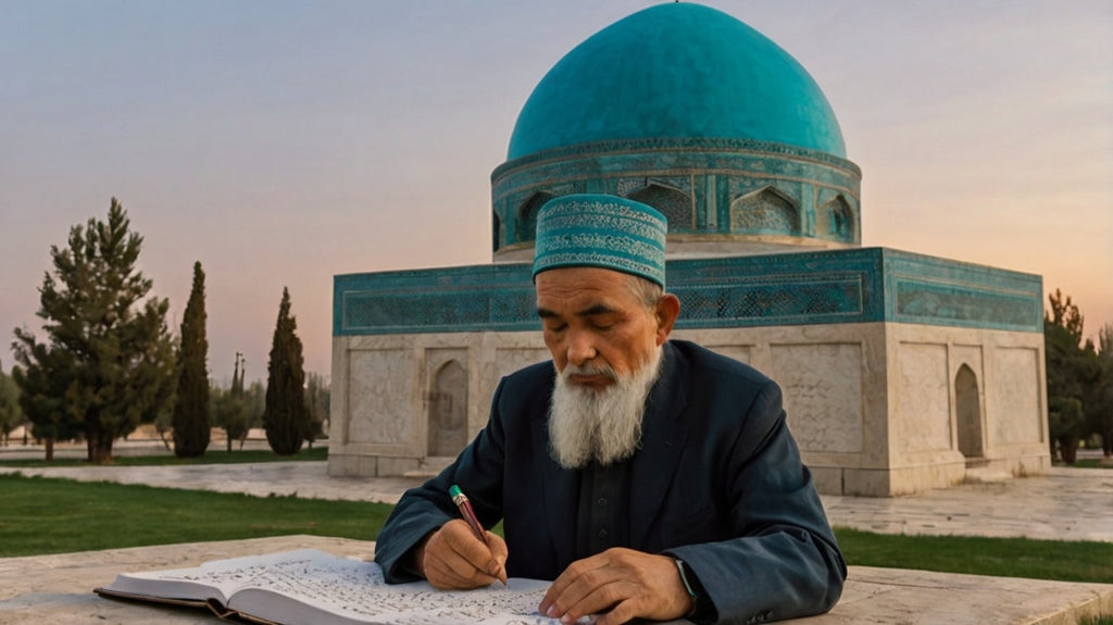 Elderly Islamic Scholar Writing Calligraphy Before Turquoise-Domed Mausoleum at Dusk