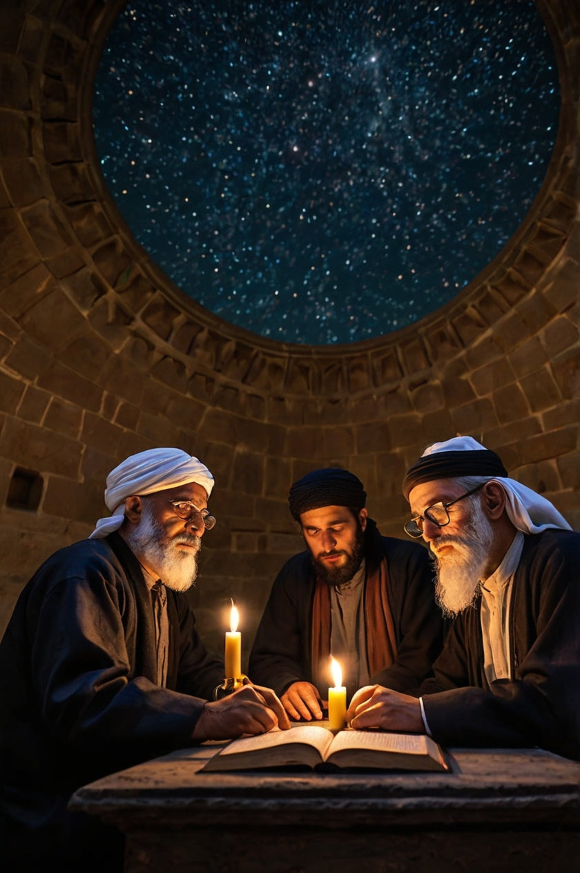Two Scholars Studying by Candlelight Under Star Trails in Desert Ruins
