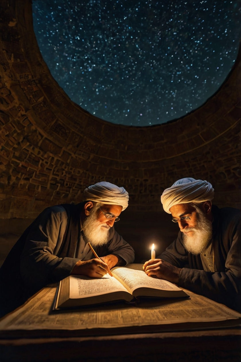 Two Scholars Studying by Candlelight Under Star Trails in Desert Ruins