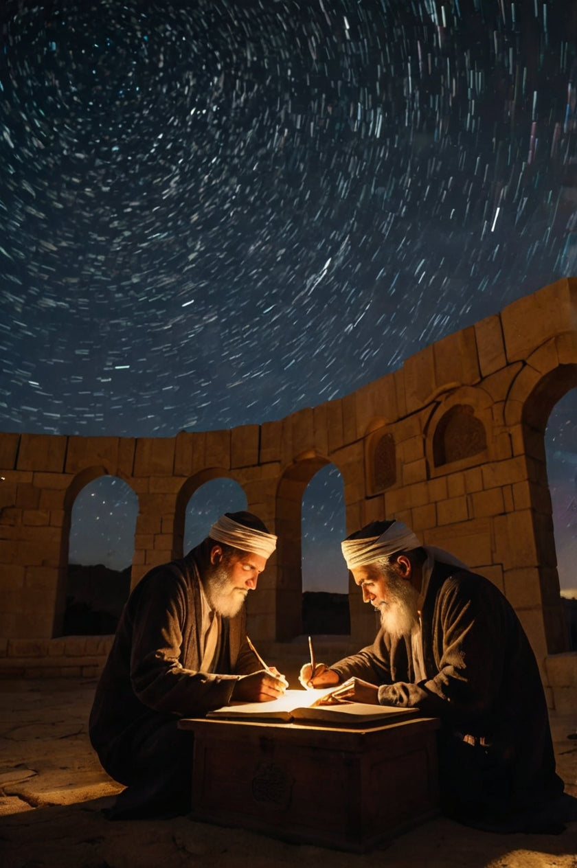 Two Scholars Studying by Candlelight Under Star Trails in Desert Ruins