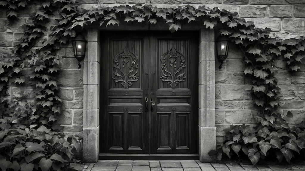 Ivy-covered wooden door