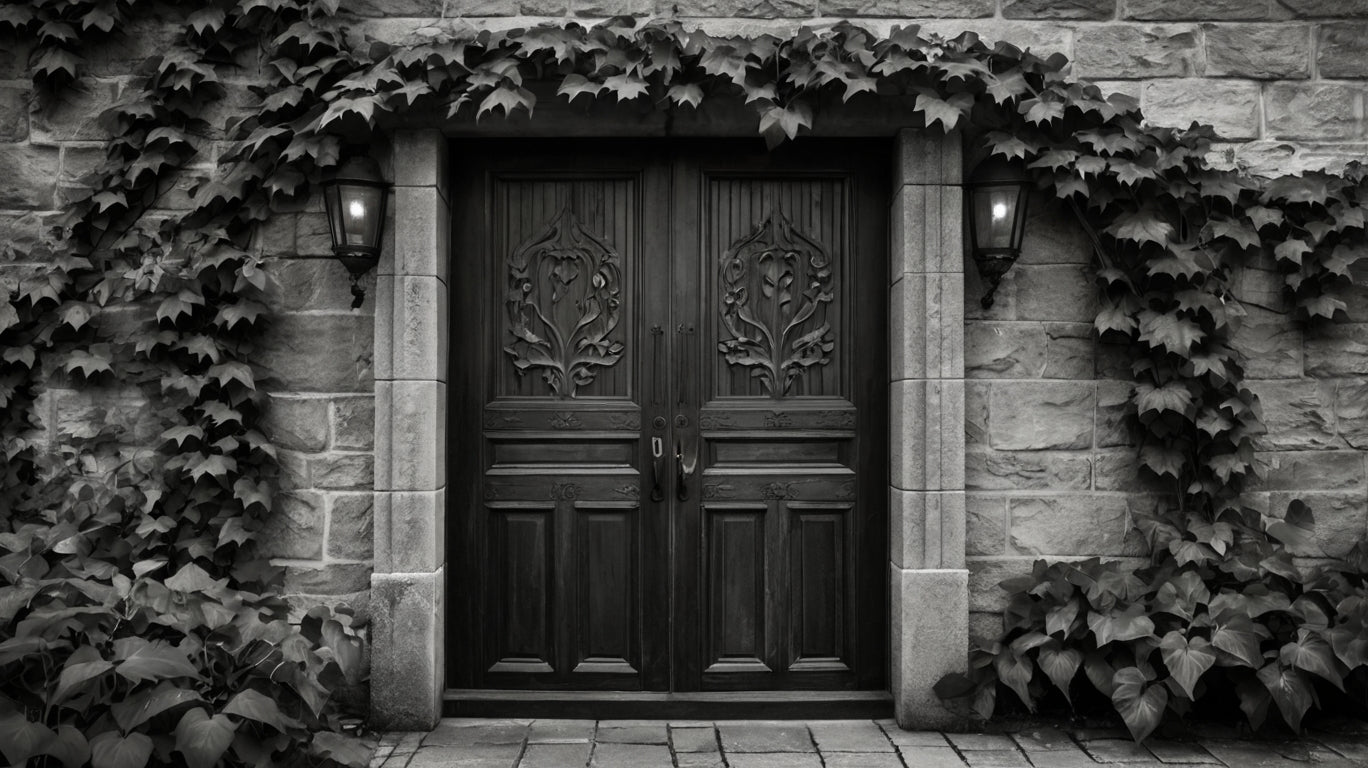 Ivy-covered wooden door