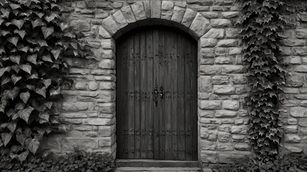 Ivy-covered wooden door