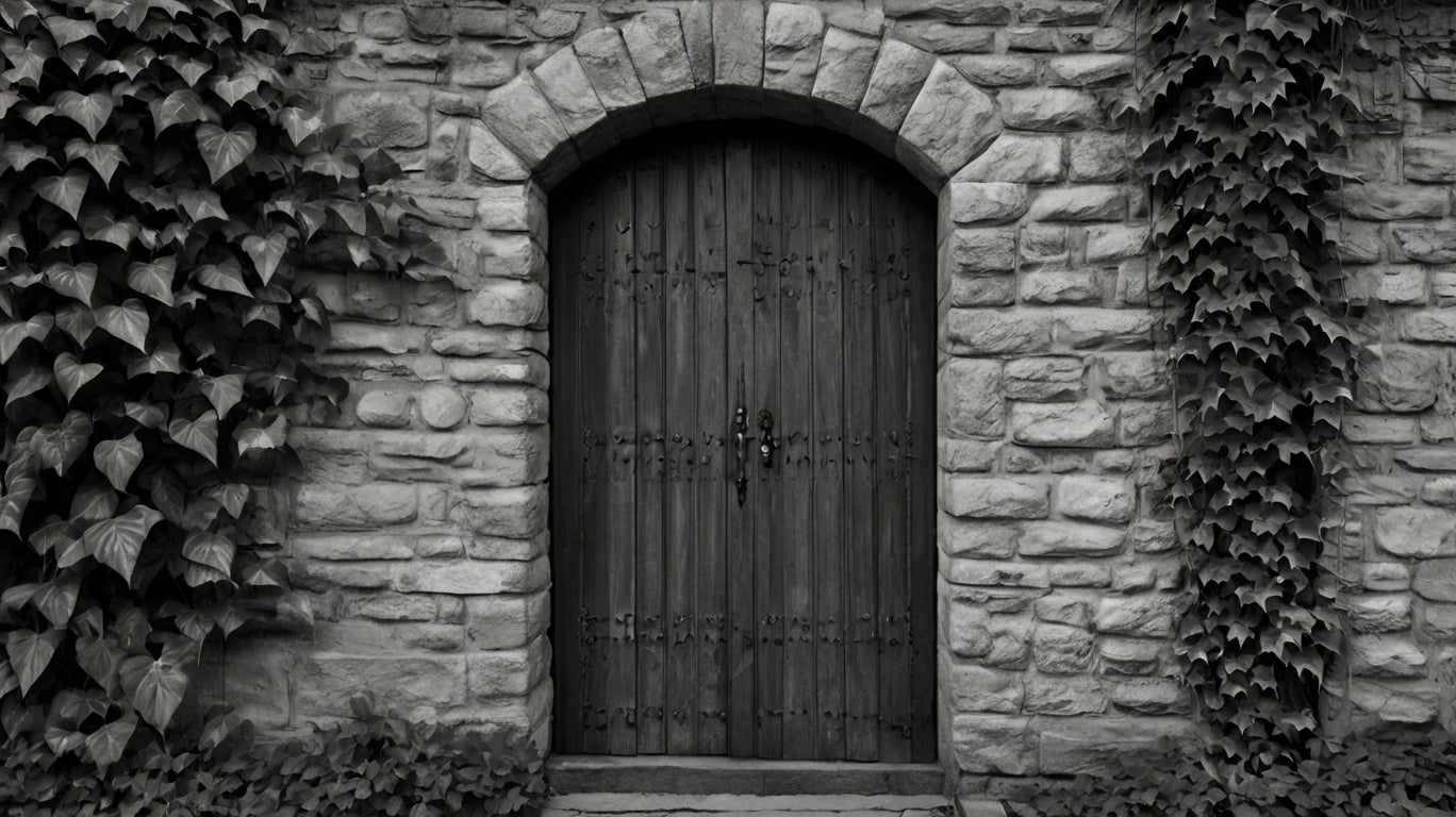 Ivy-covered wooden door