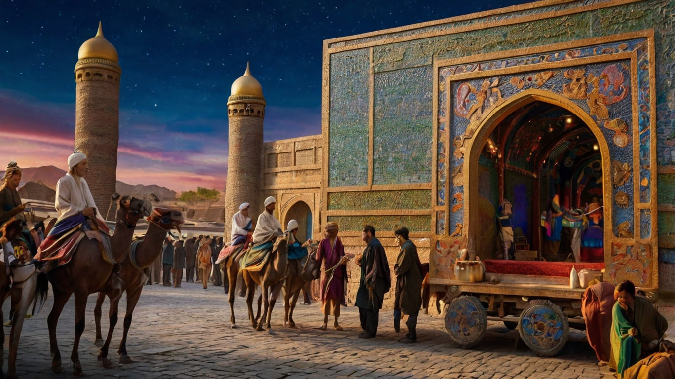 Silk Road Caravan Passing Through Ornate Ancient City Gate at Sunset