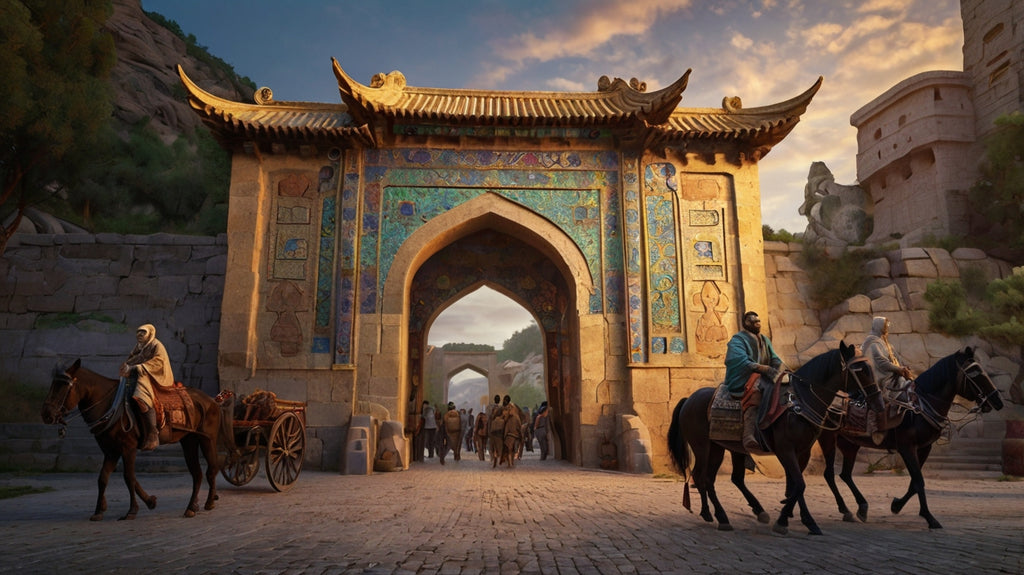 Silk Road Caravan Passing Through Ornate Ancient City Gate at Sunset