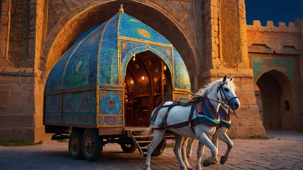 Silk Road Caravan Passing Through Ornate Ancient City Gate at Sunset