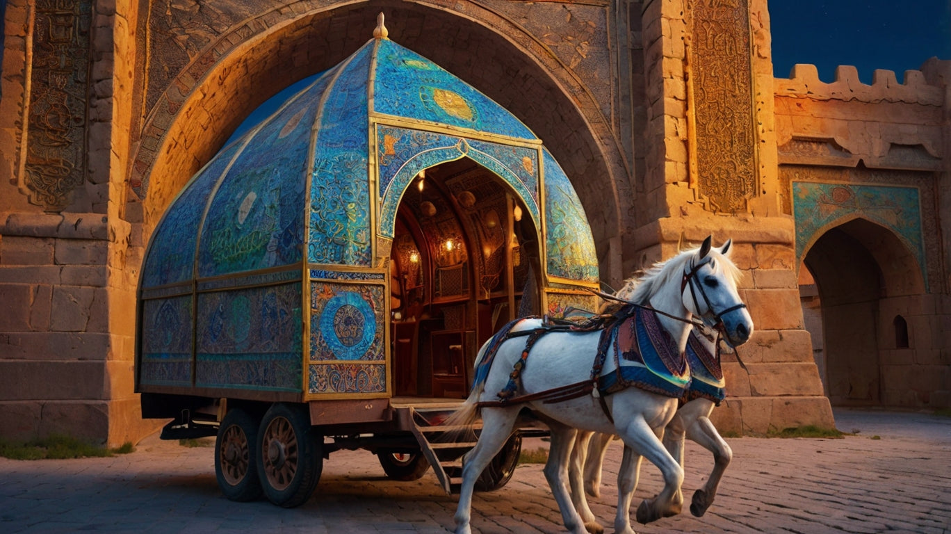 Silk Road Caravan Passing Through Ornate Ancient City Gate at Sunset