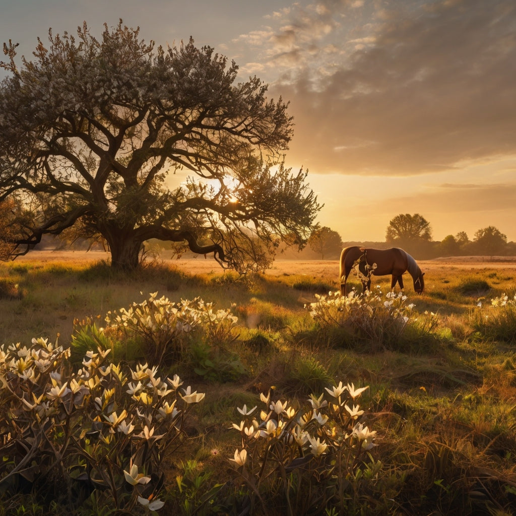 Horse in a Sunlit Meadow with Flowers