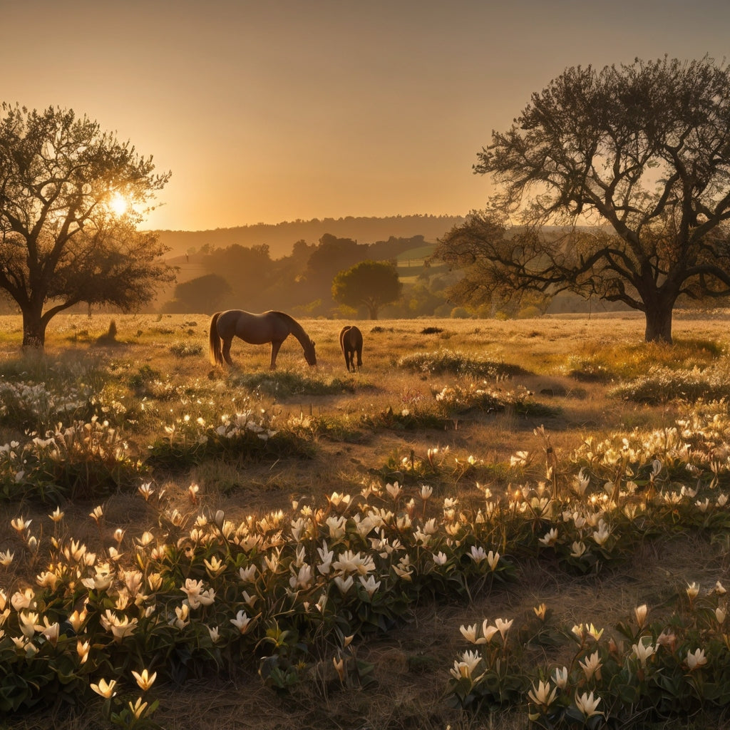 Horse in a Sunlit Meadow with Flowers