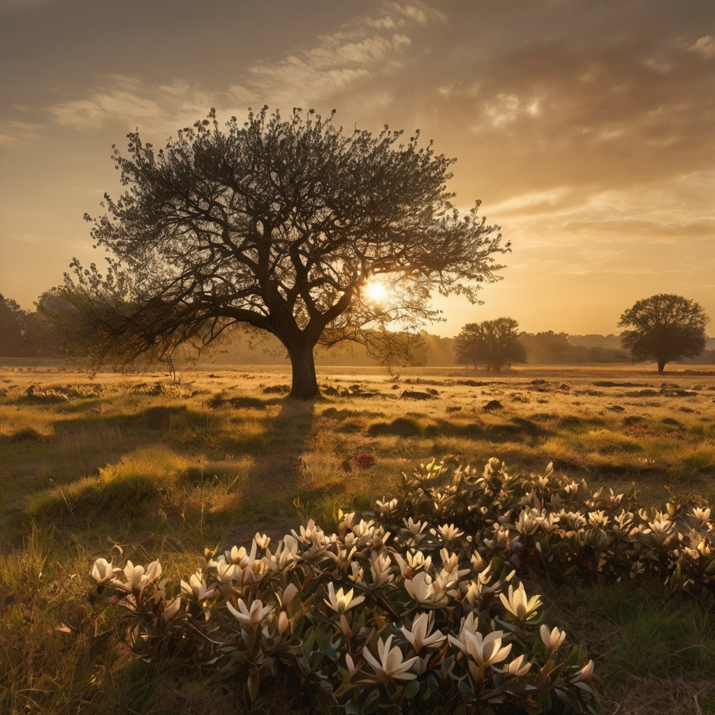 Horse in a Sunlit Meadow with Flowers
