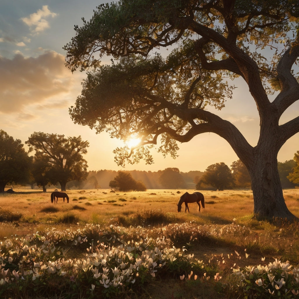 Horse in a Sunlit Meadow with Flowers