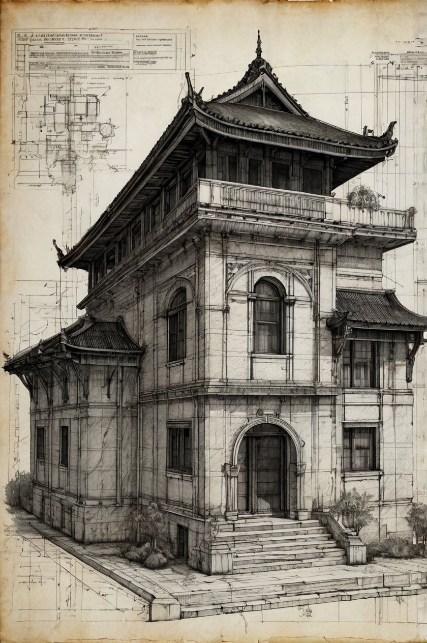 Traditional tropical pavilion drawing