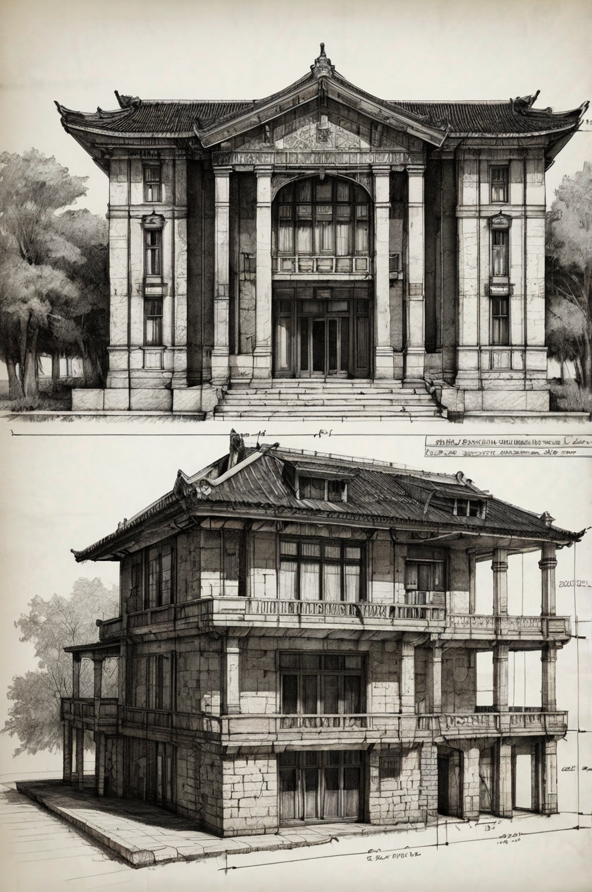Traditional tropical pavilion drawing
