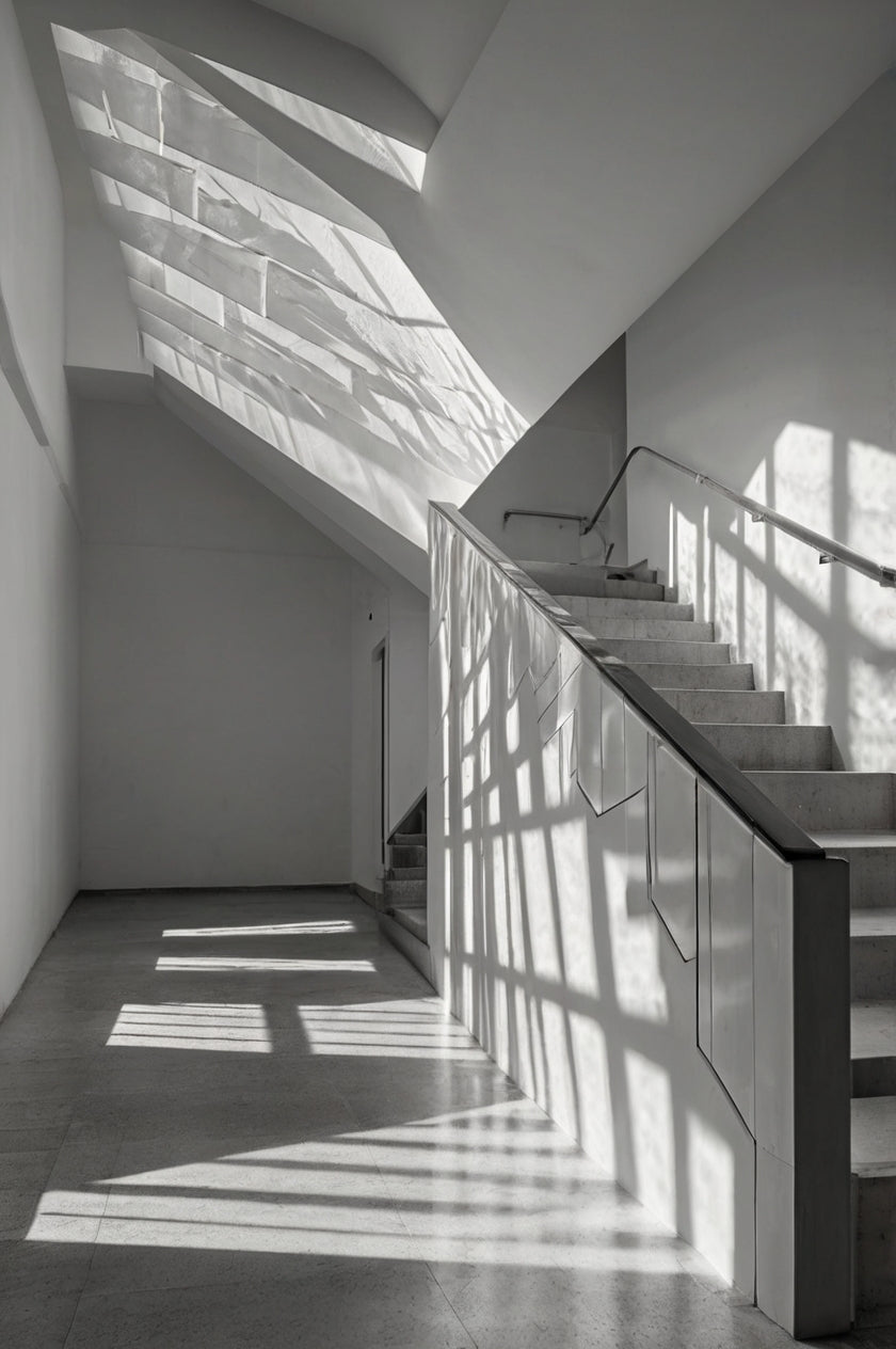 Minimalist concrete stairs with dramatic sunlight and shadows