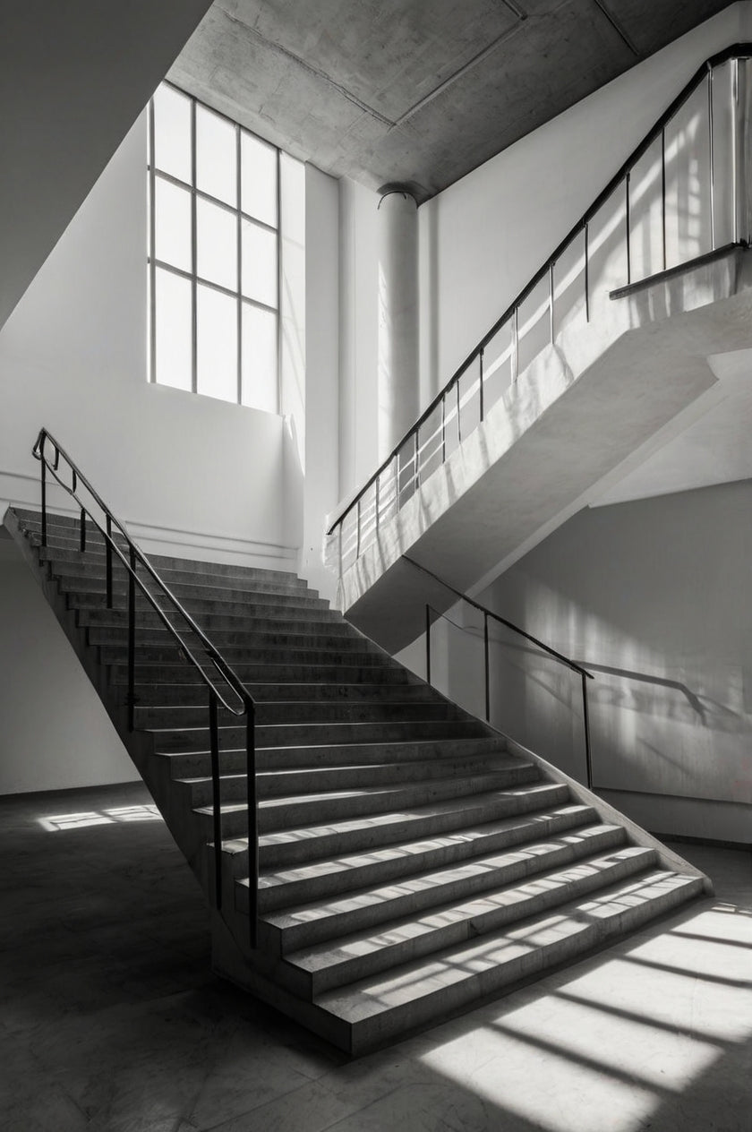 Minimalist concrete stairs with dramatic sunlight and shadows