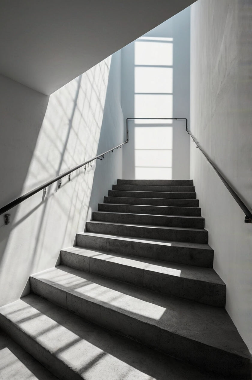 Minimalist concrete stairs with dramatic sunlight and shadows