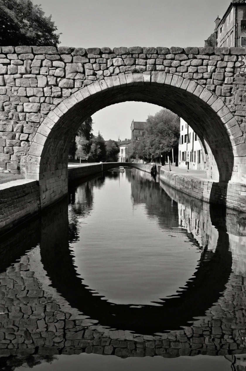 Old stone arch bridge over calm water with reflection (black & white)
