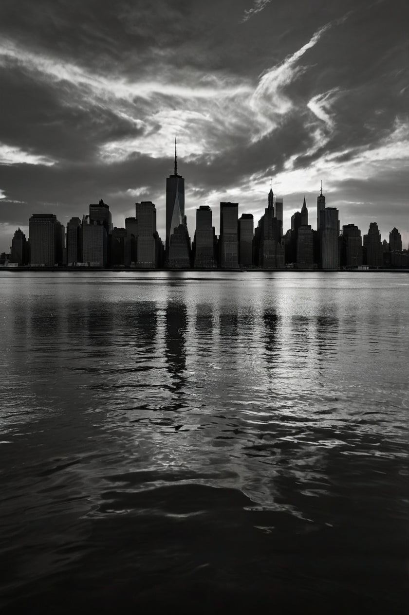 New York City skyline (pre-9/11 with Twin Towers) under dark clouds at dusk