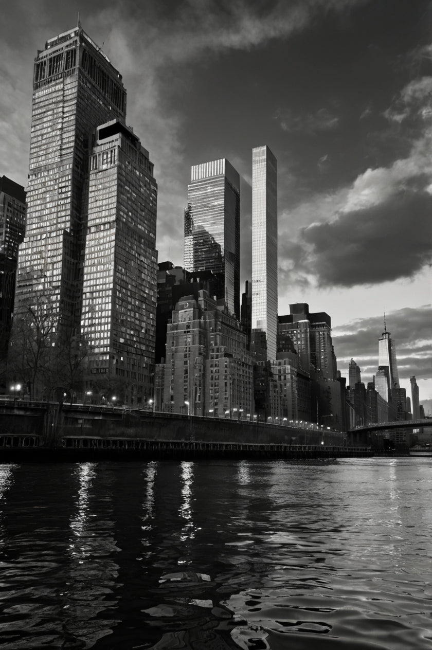 New York City skyline (pre-9/11 with Twin Towers) under dark clouds at dusk