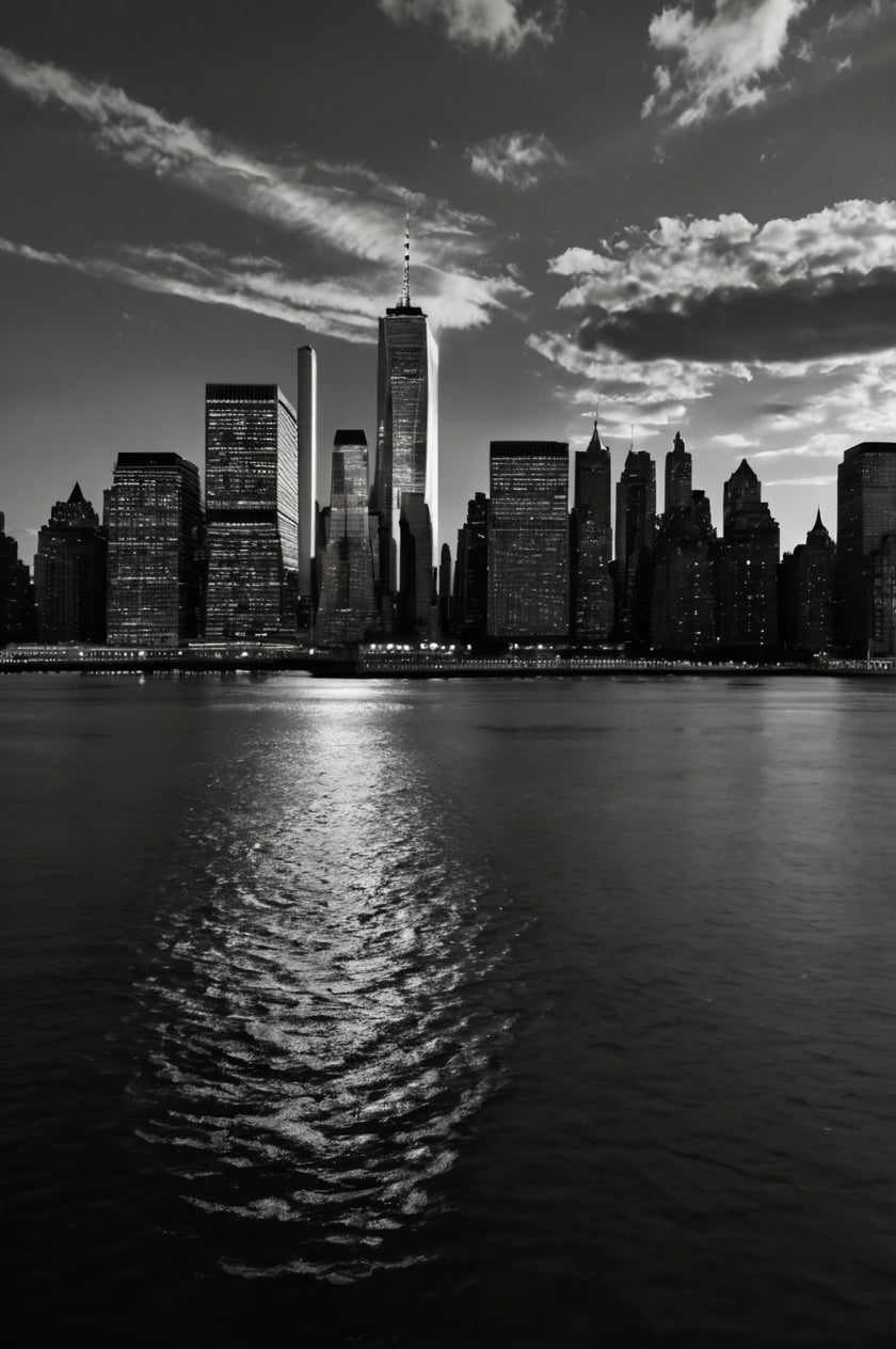 New York City skyline (pre-9/11 with Twin Towers) under dark clouds at dusk