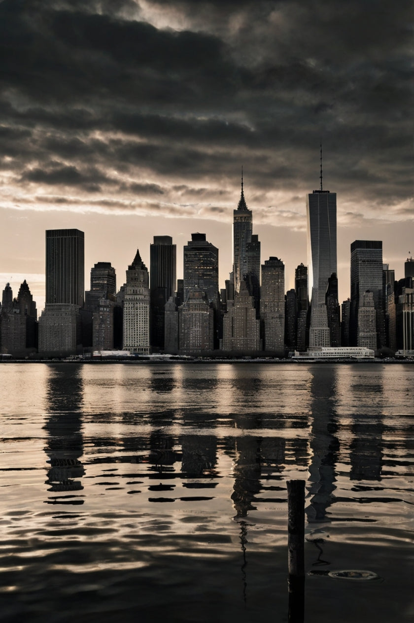 New York City skyline (pre-9/11 with Twin Towers) under dark clouds at dusk