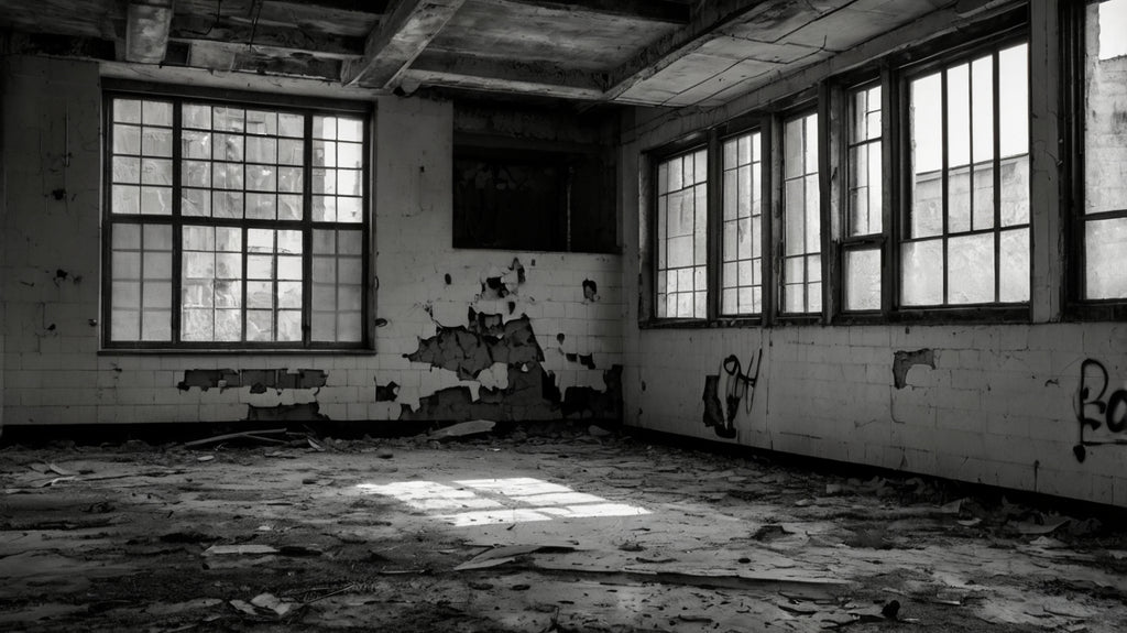 Abandoned decaying industrial building (black & white)