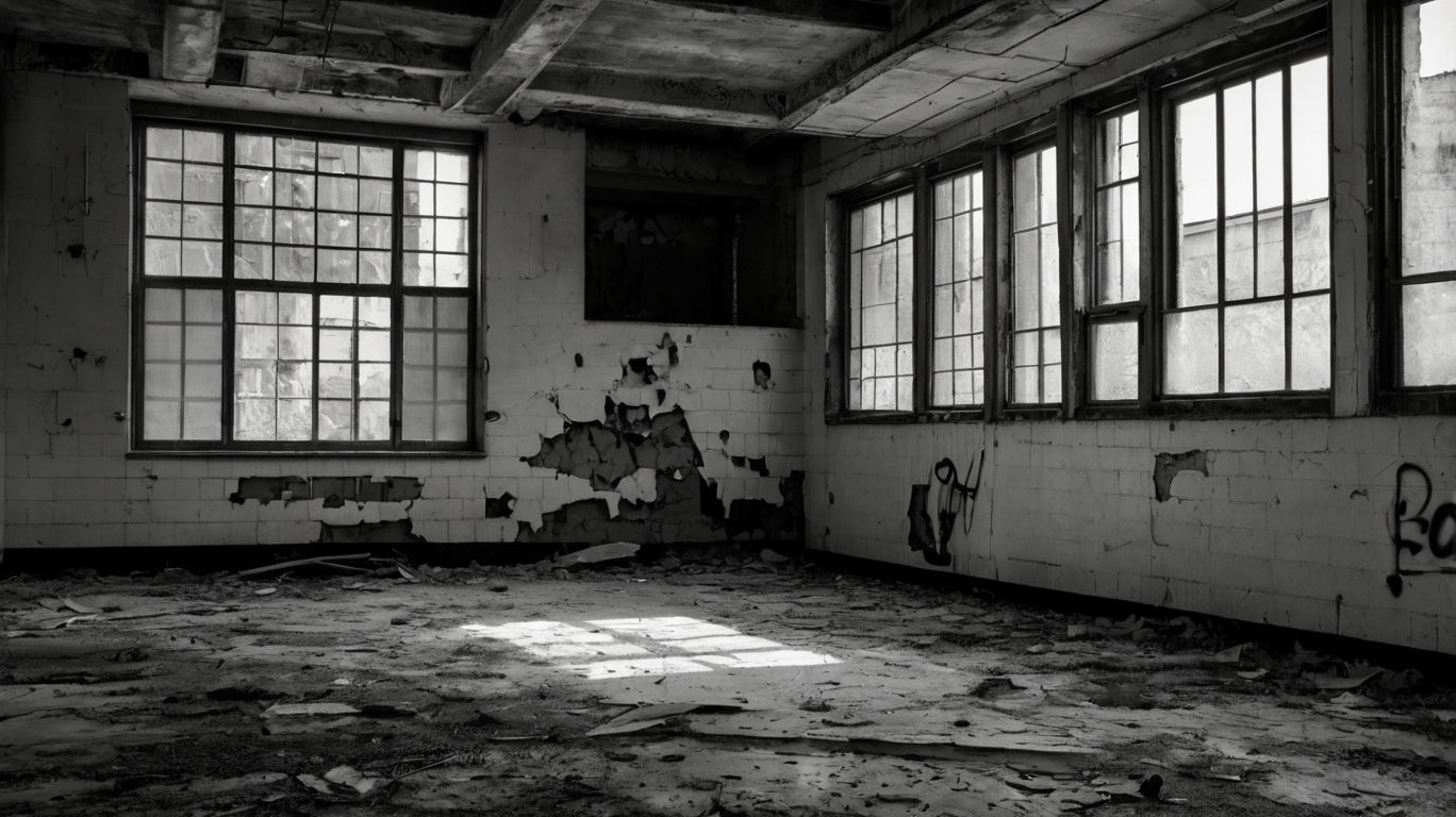 Abandoned decaying industrial building (black & white)