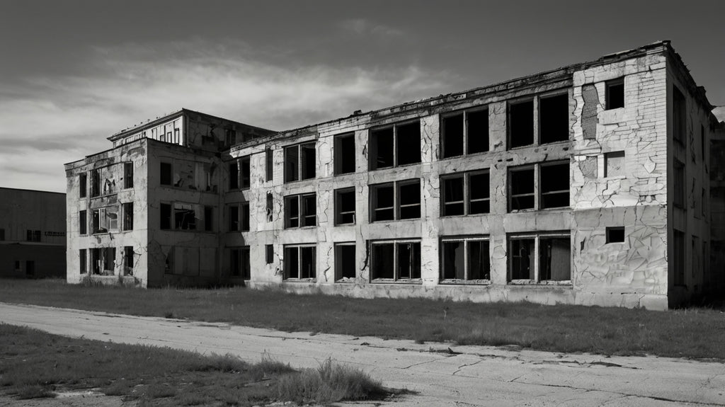 Abandoned decaying industrial building (black & white)
