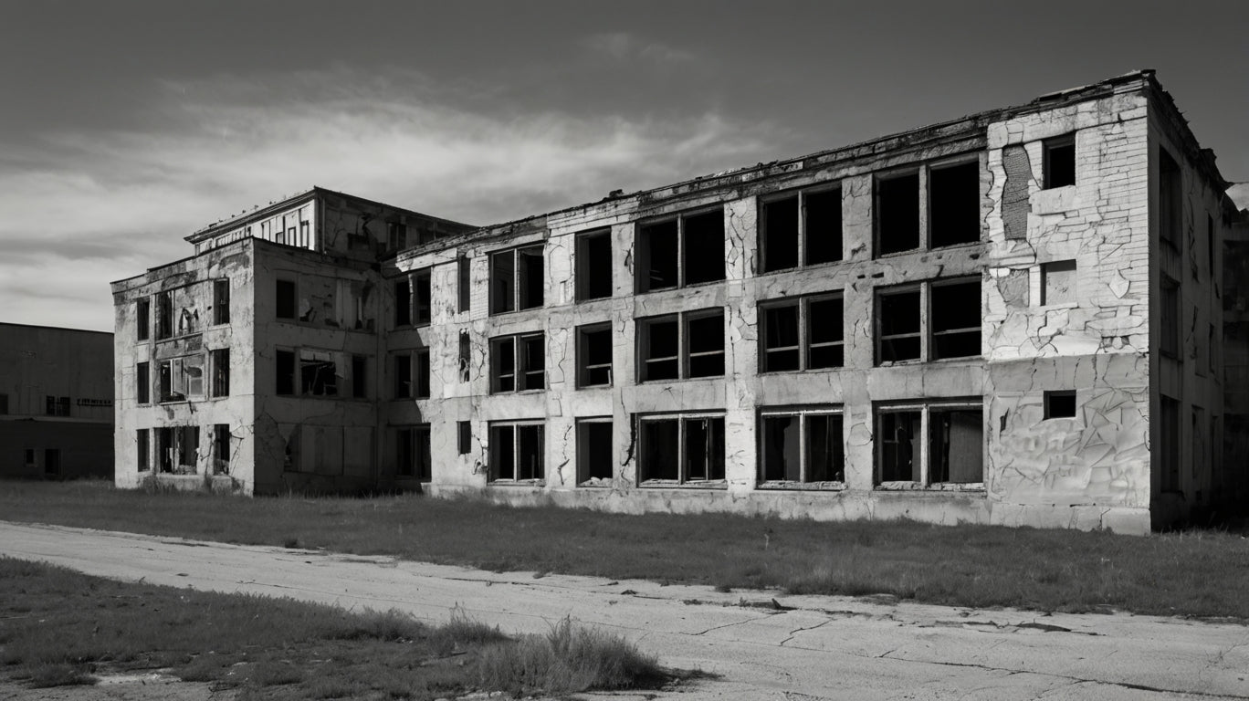 Abandoned decaying industrial building (black & white)