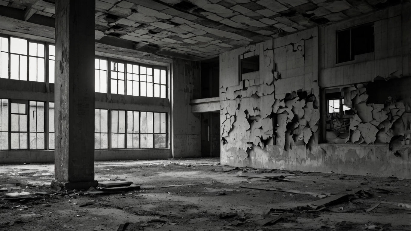 Abandoned decaying industrial building (black & white)