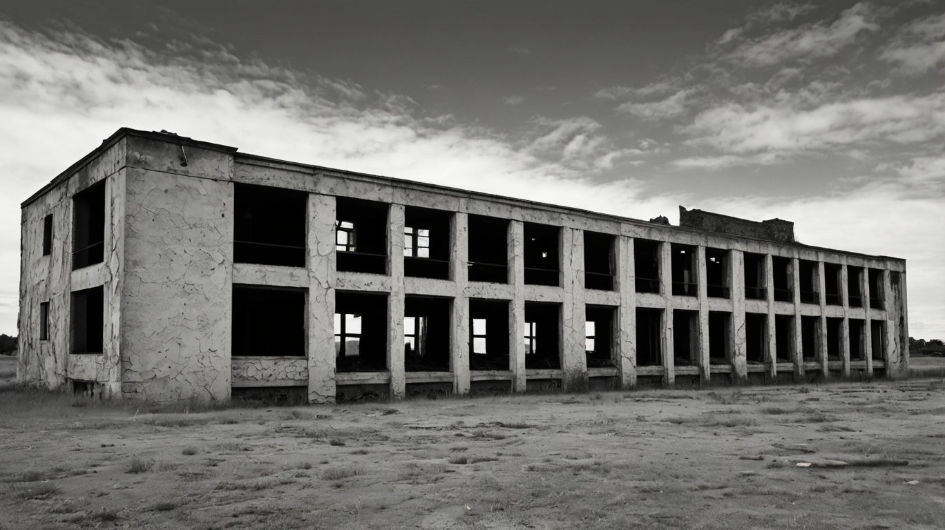 Abandoned decaying industrial building (black & white)