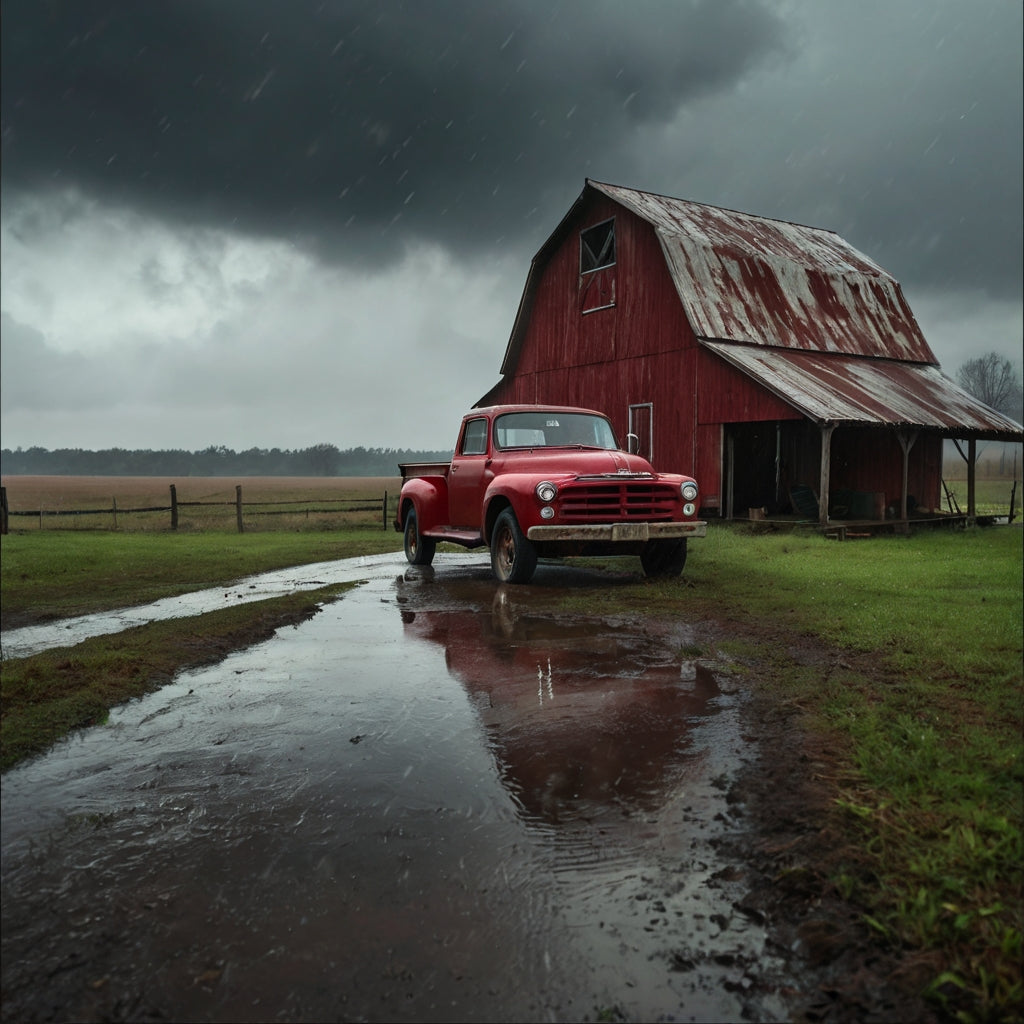 Vintage Red Pickup in Rainy Farmstead