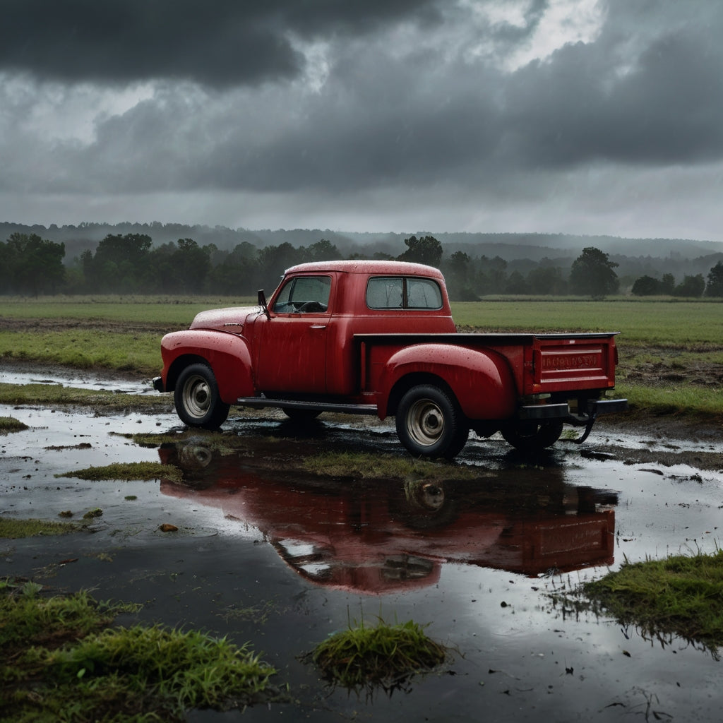 Vintage Red Pickup in Rainy Farmstead