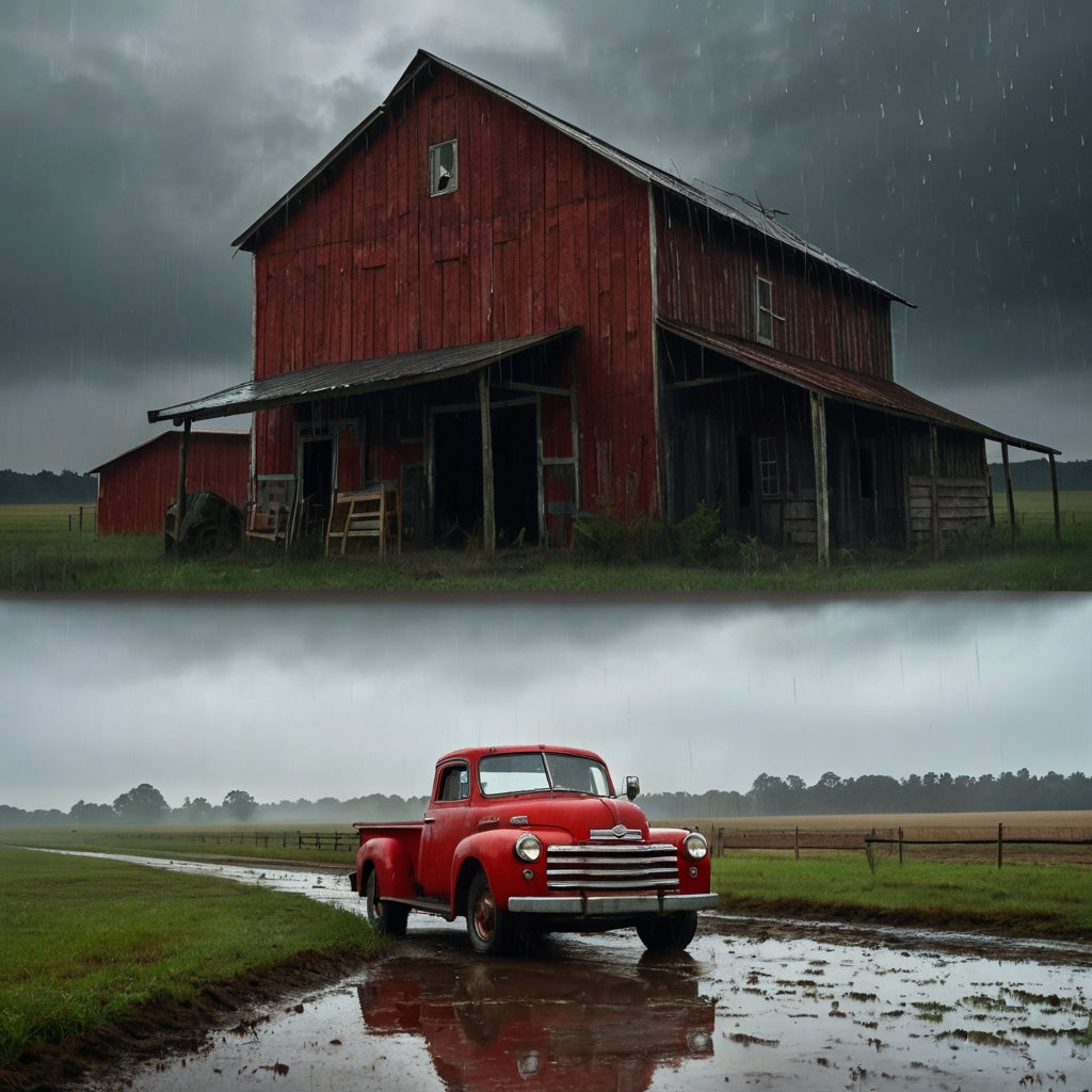 Vintage Red Pickup in Rainy Farmstead