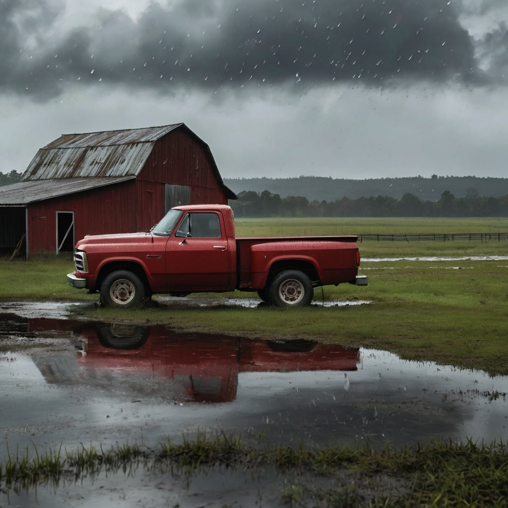 Vintage Red Pickup in Rainy Farmstead