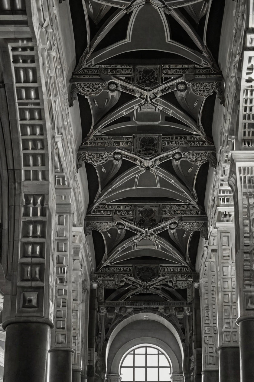 Intricate gothic stone arches and vaulted ceiling (black & white)