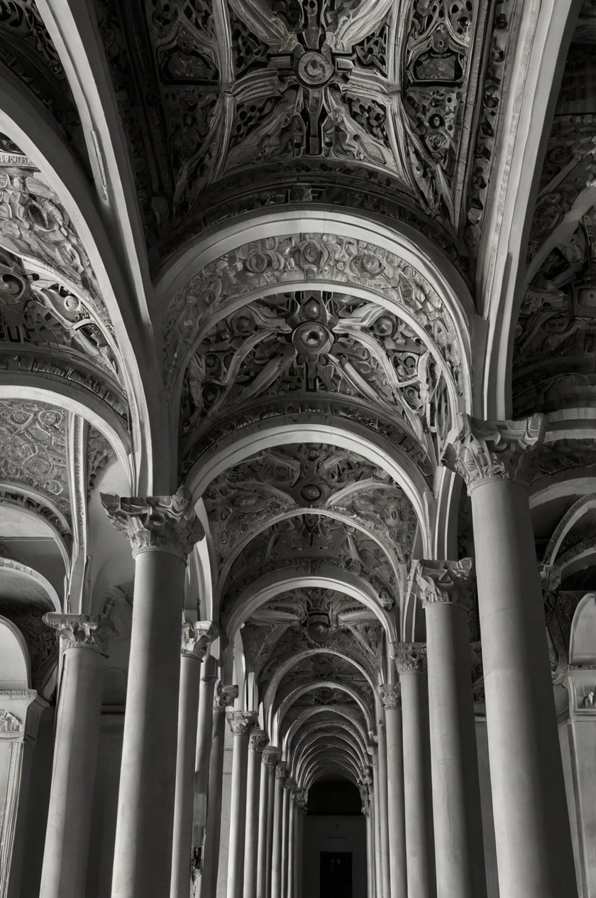 Intricate gothic stone arches and vaulted ceiling (black & white)