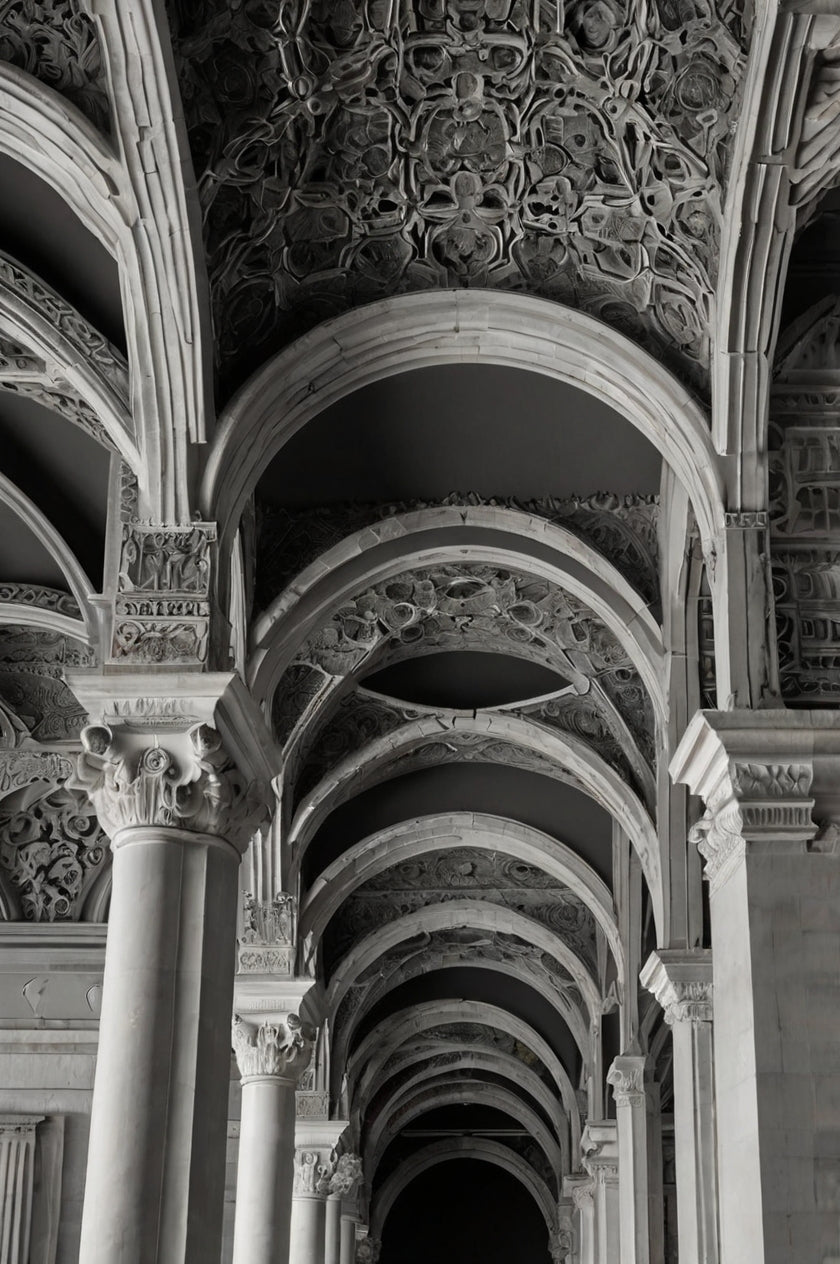 Intricate gothic stone arches and vaulted ceiling (black & white)