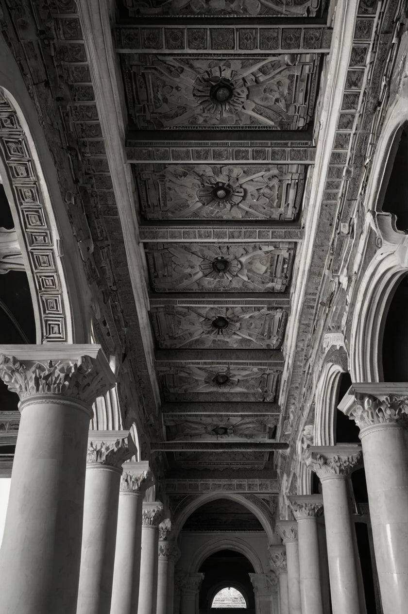 Intricate gothic stone arches and vaulted ceiling (black & white)