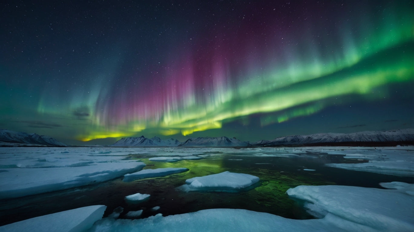 Vibrant Northern Lights over icy landscape