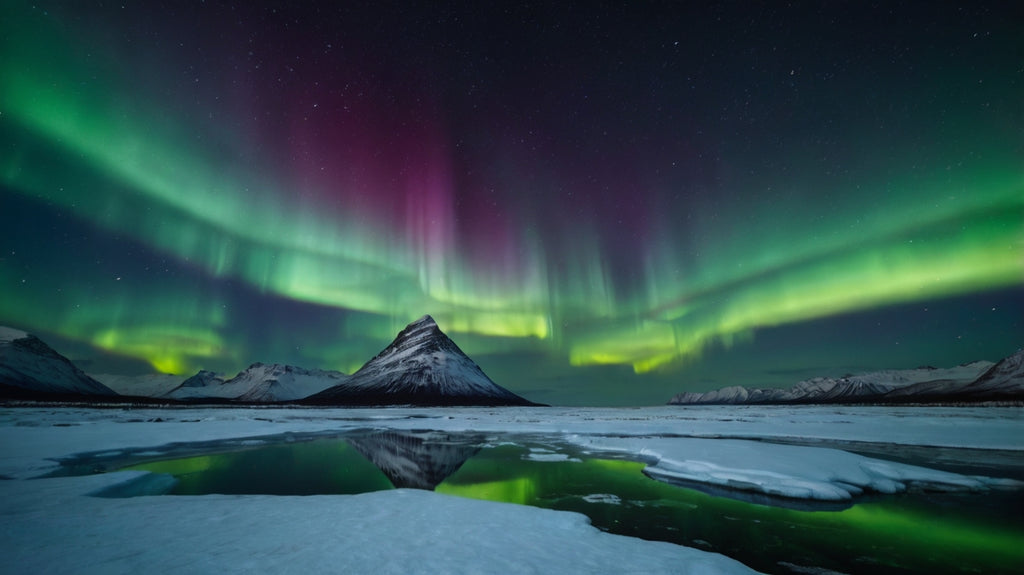 Vibrant Northern Lights over icy landscape